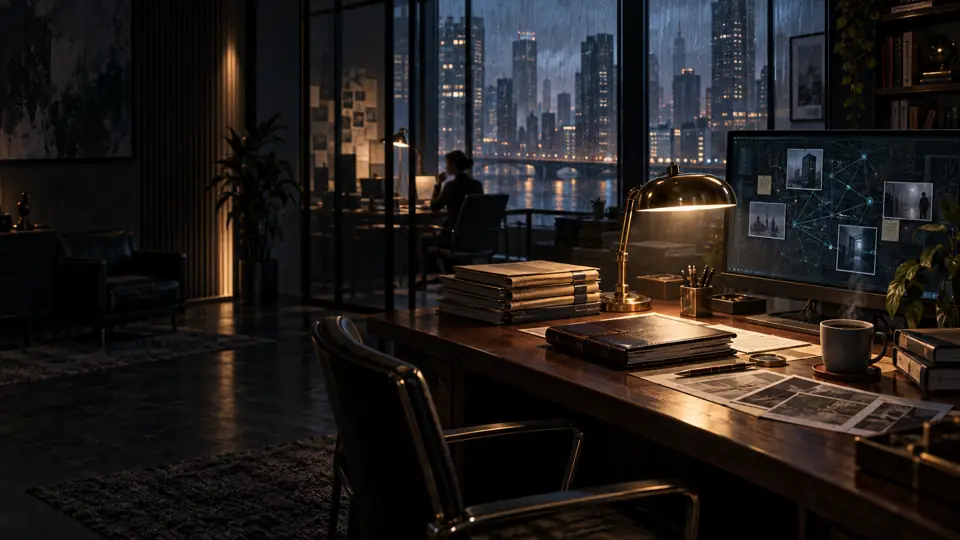 A lamp-lit investigation desk with records and a city window from Contract Breakout.